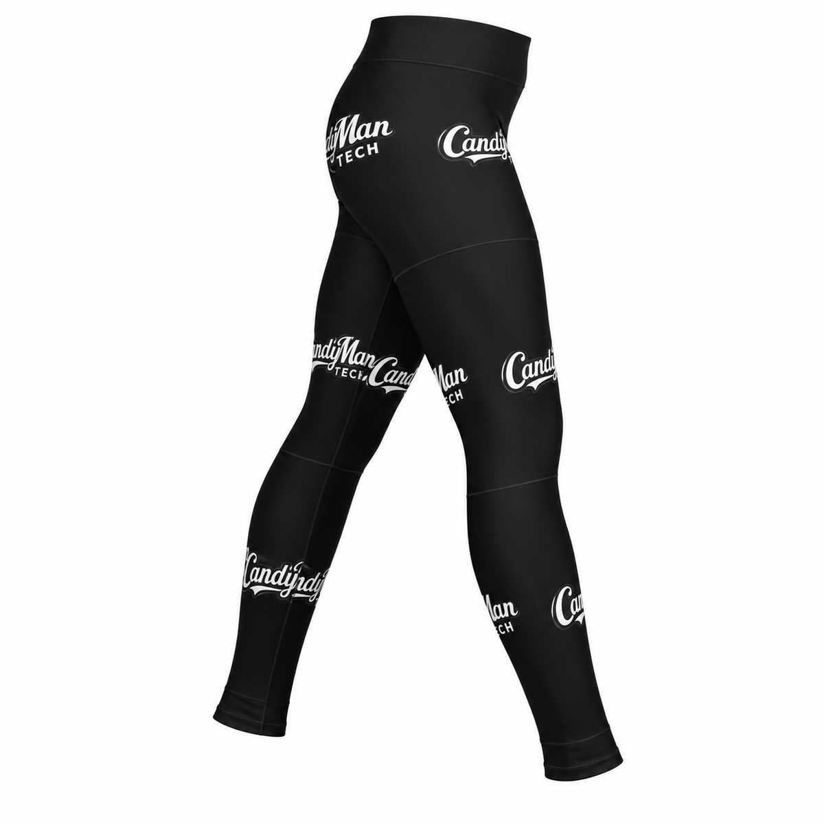 Black CandyManTech logo repeat leggings on a white background