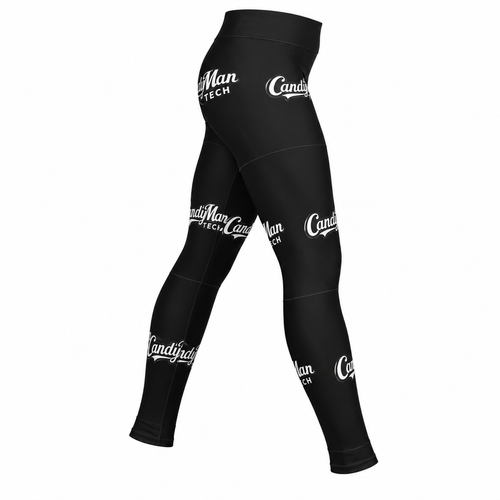 Black CandyManTech logo repeat leggings on a white background
